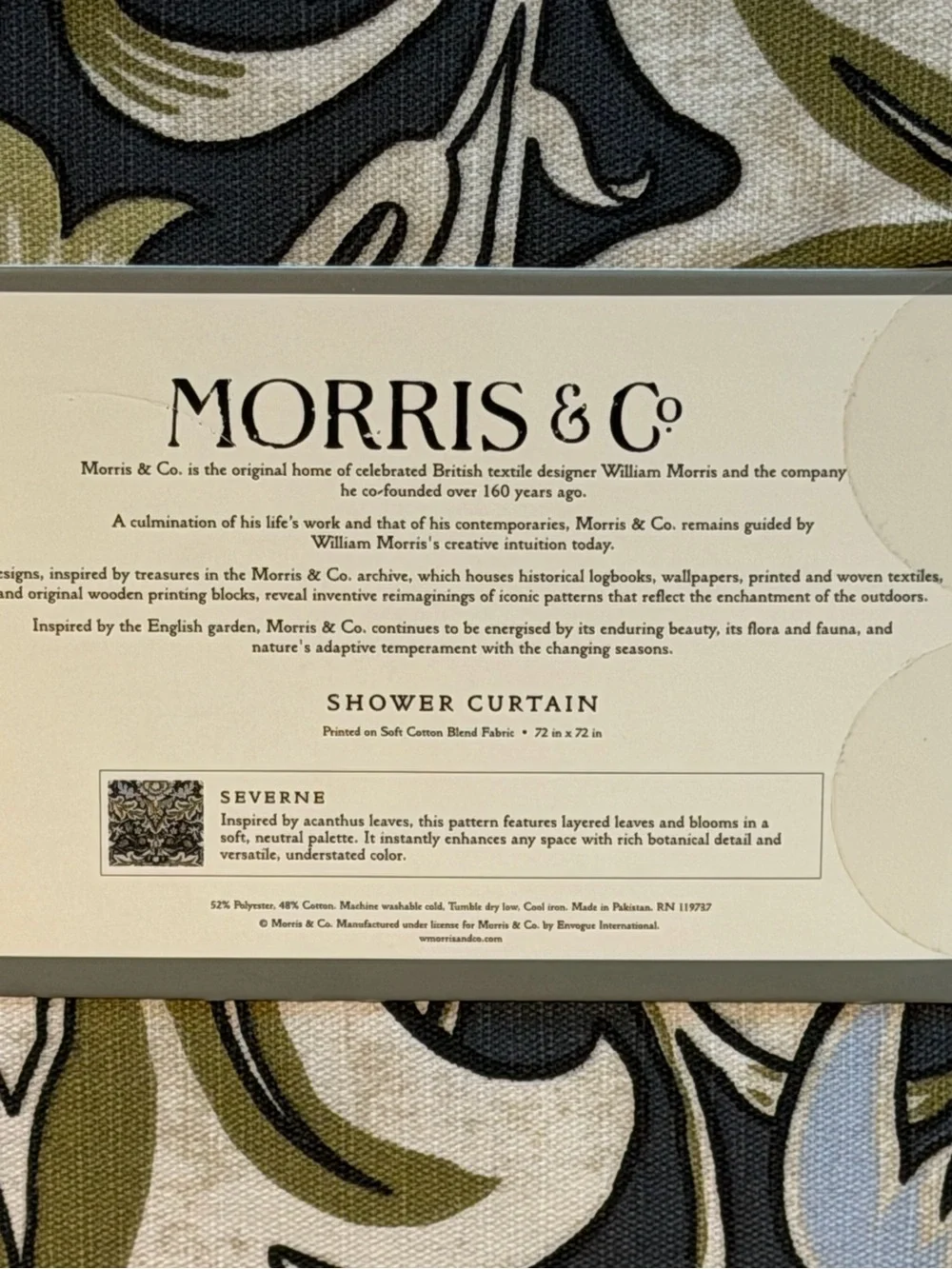 Morris & Co. NWT Severne Gray, Cream & Green Floral Shower Curtain 72